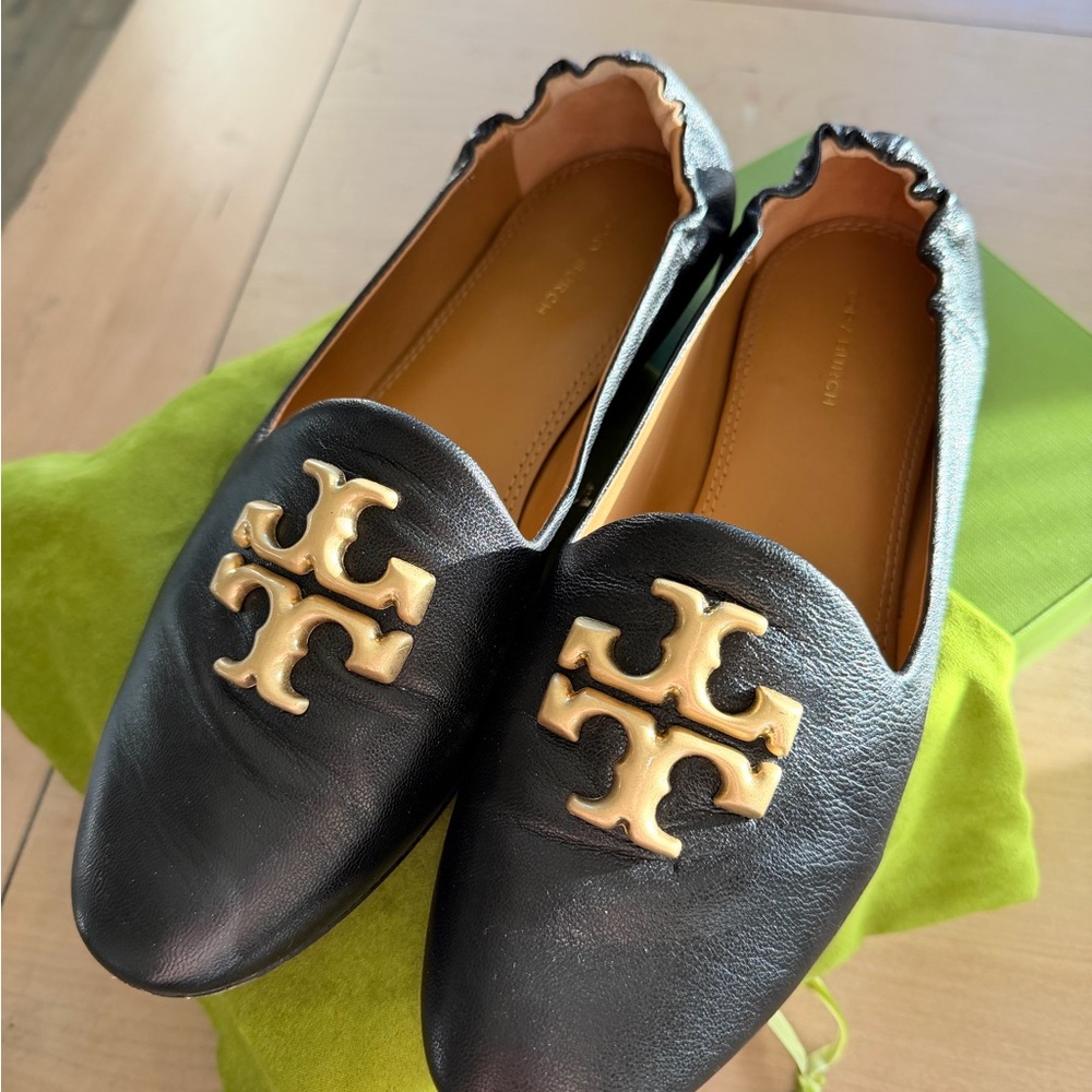 Tory Burch Black Leather Flats with Gold Logo NWB